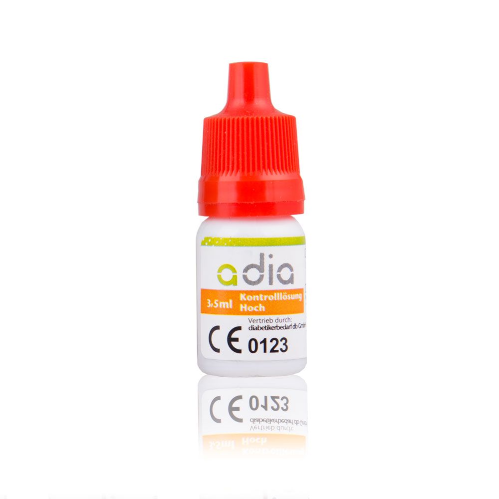 Kontrolllösung adia, 1,5 ml, rot-weiß, CE-Kennzeichnung.