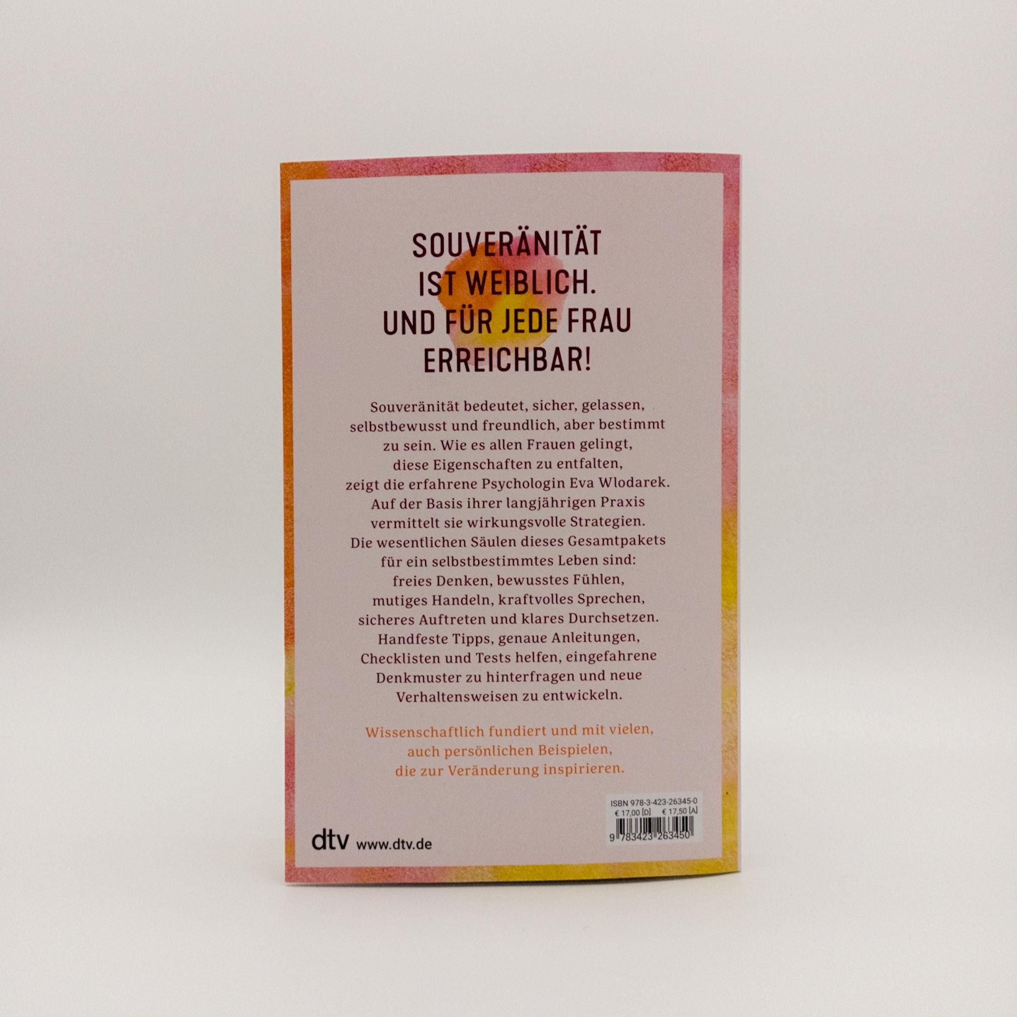 Rückseite des Buches "Souveränität ist weiblich". Text, Verlag dtv. Auf hellem Hintergrund.