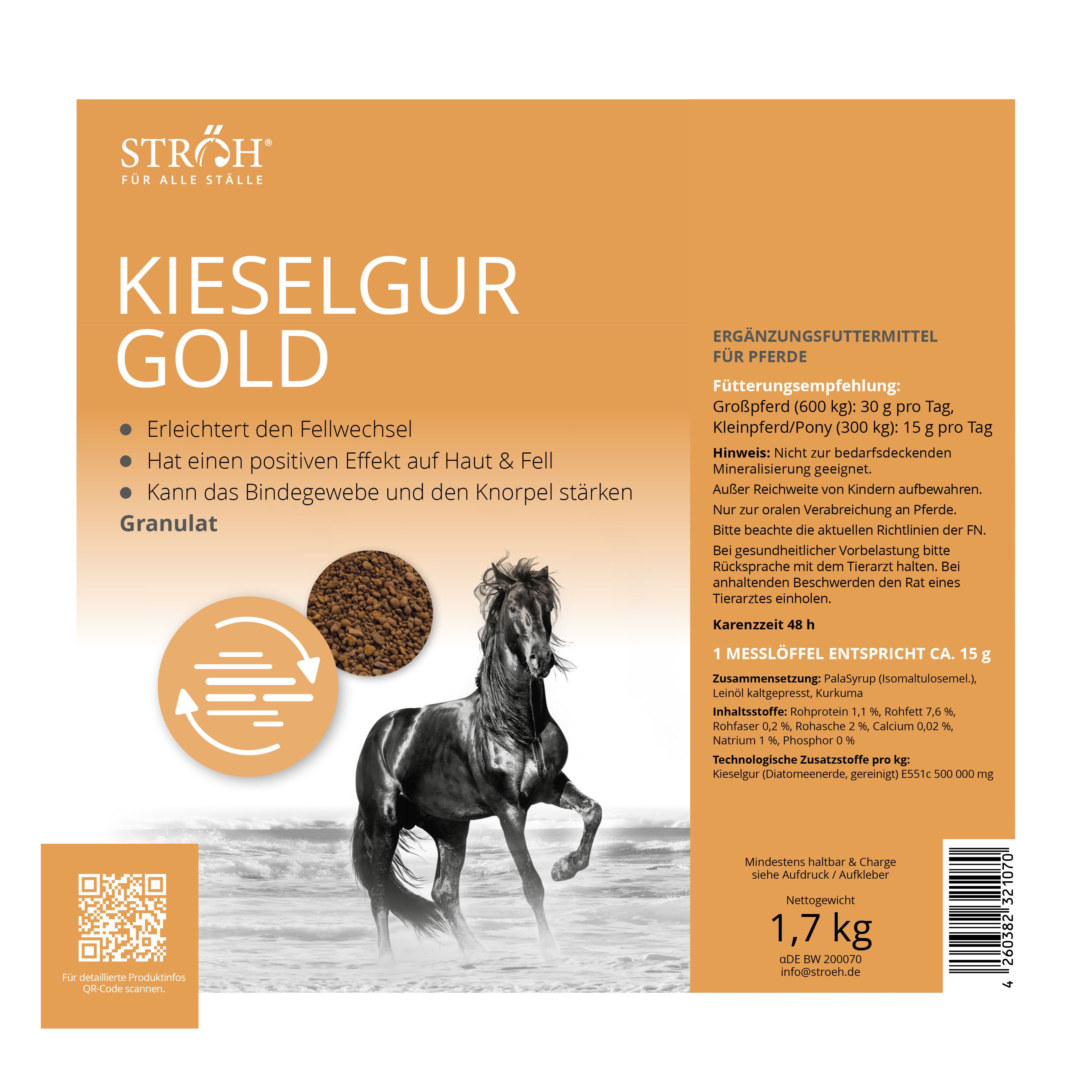 Kieselgur Gold Packung mit Text und Abbildung eines Pferdes. Braunes Granulat. Text: Ergänzungsfuttermittel für Pferde.