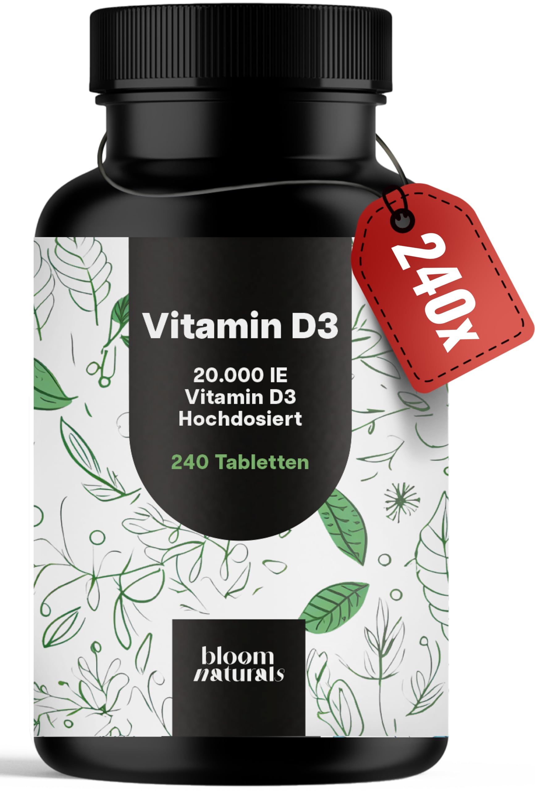Schwarze Dose Vitamin D3, 240 Tabletten, mit rotem Anhänger "240X".