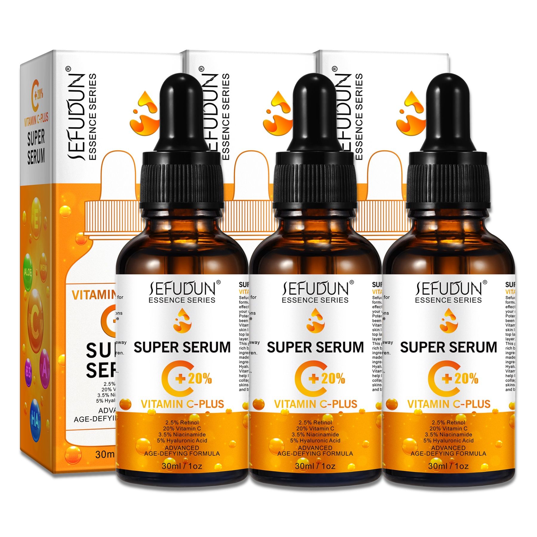 Drei Flaschen Serum mit Tropfer und Verpackung. Aufschrift: SEFUDUN Super Serum Vitamin C-Plus.