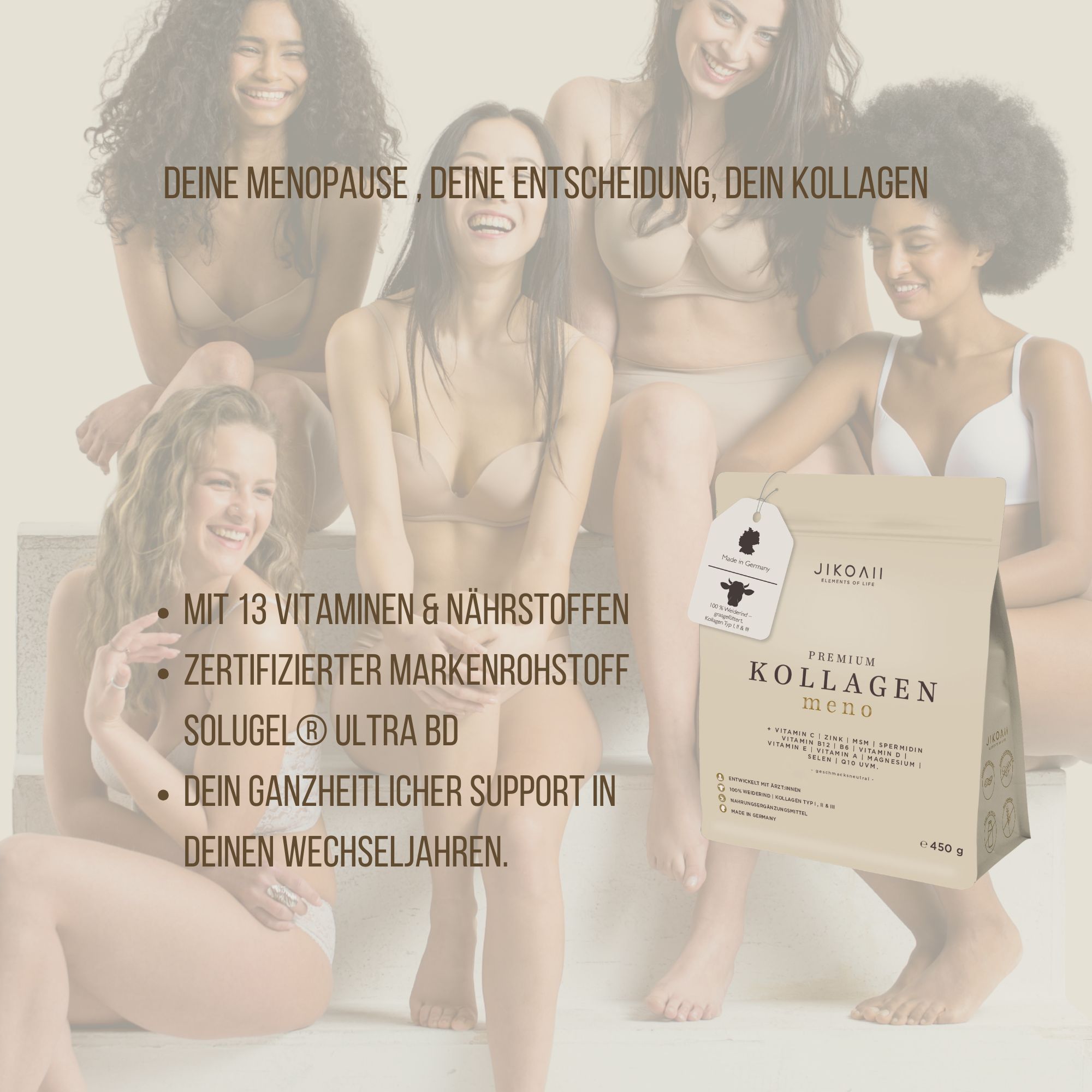Beige Produktverpackung JIKOAII PREMIUM KOLLAGEN MENO. Enthält 13 Vitamine & Nährstoffe. Mit Solugel Ultra BD. Aufschrift: Dein Kollagen.