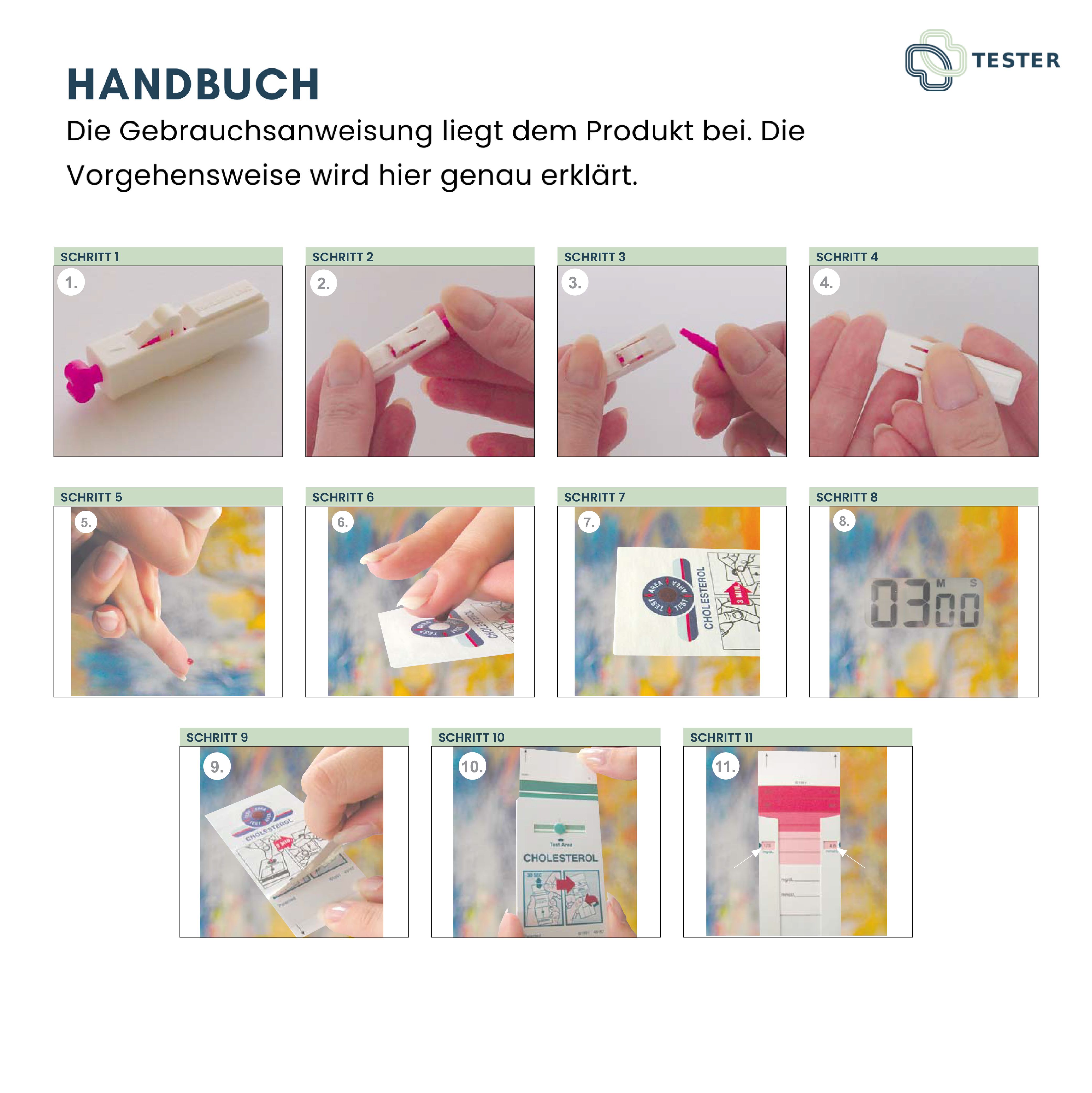 Anleitung mit 11 Schritten zur Durchführung eines Tests. Bilder zeigen die einzelnen Schritte, beginnend mit dem Entnehmen der Komponenten.
