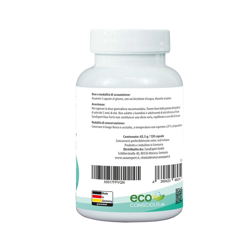 Rückseite der weißen Flasche SanaExpert Haar Forte. Informationen zur Anwendung und Warnhinweise.