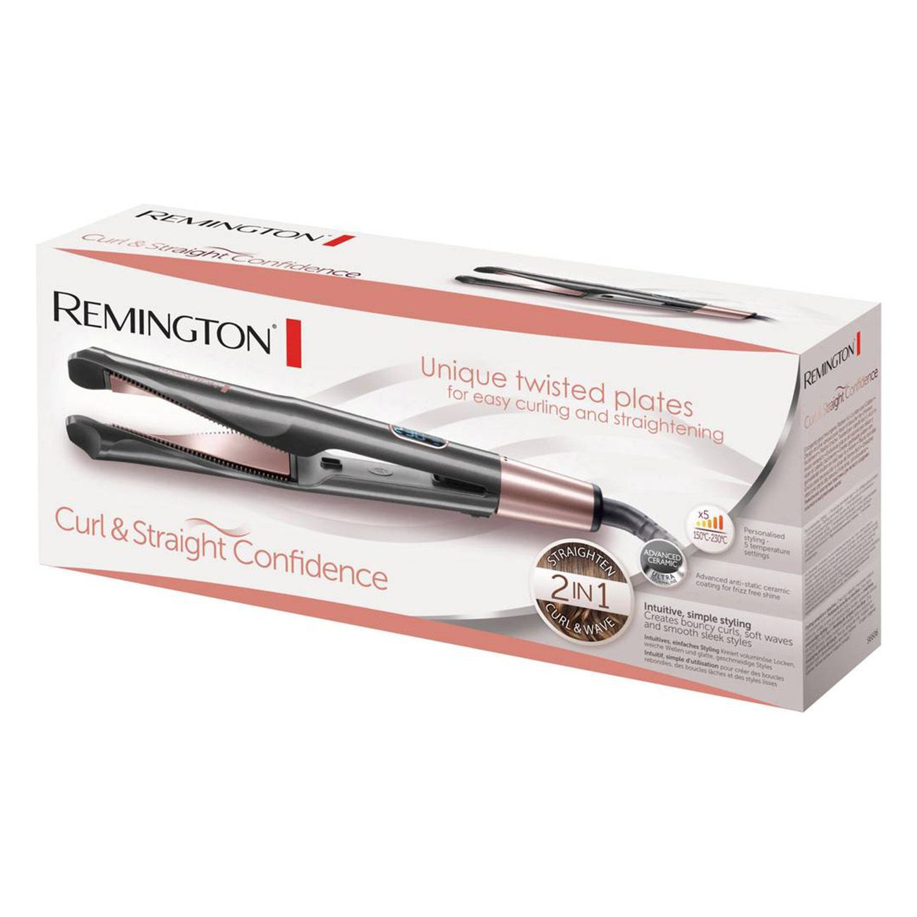 Verpackung von Remington Haarglätter. Produktabbildung. Text: Curl & Straight Confidence.