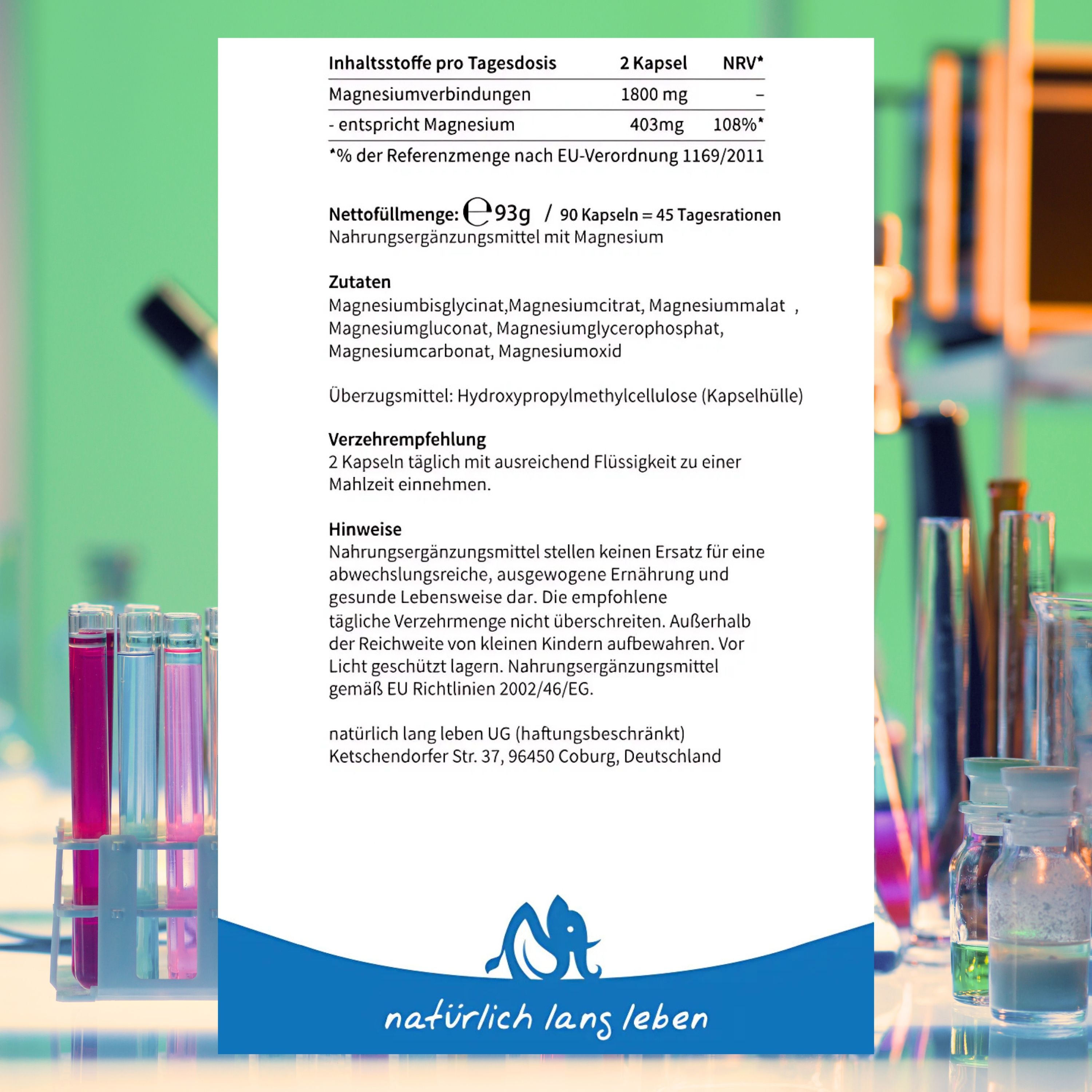 Blau-weißes Etikett mit Text. Enthält Informationen zu Magnesiumverbindungen, Zutaten, Verzehrempfehlung und Hinweise.