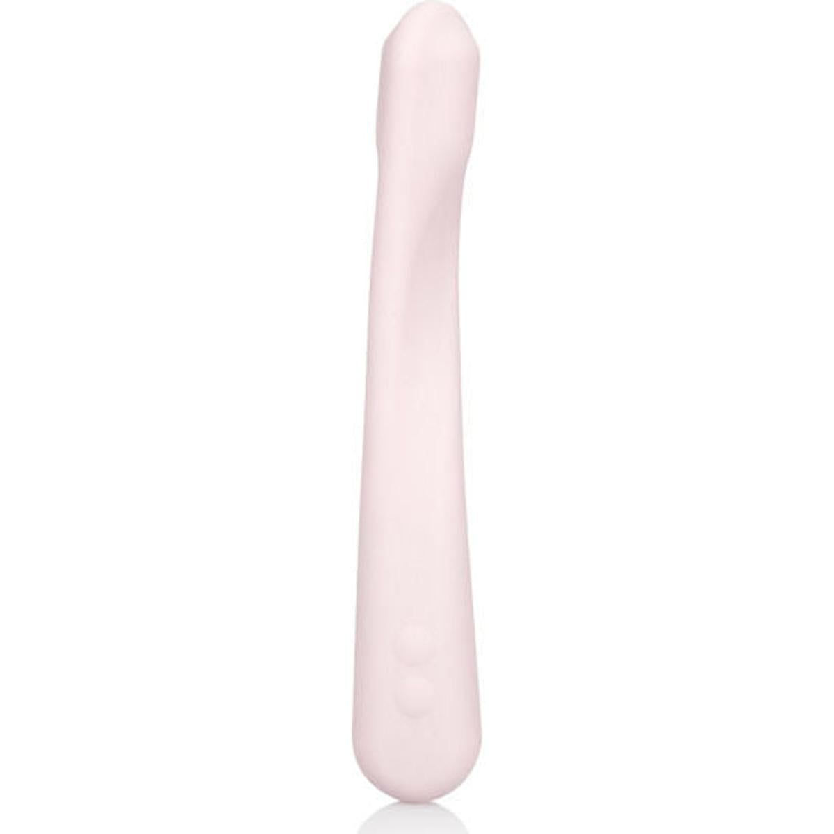 Rosa Massagegerät. Schlanke Form. Glatte Oberfläche. Abgerundete Enden. Zwei kleine, runde Erhebungen auf der Oberfläche.