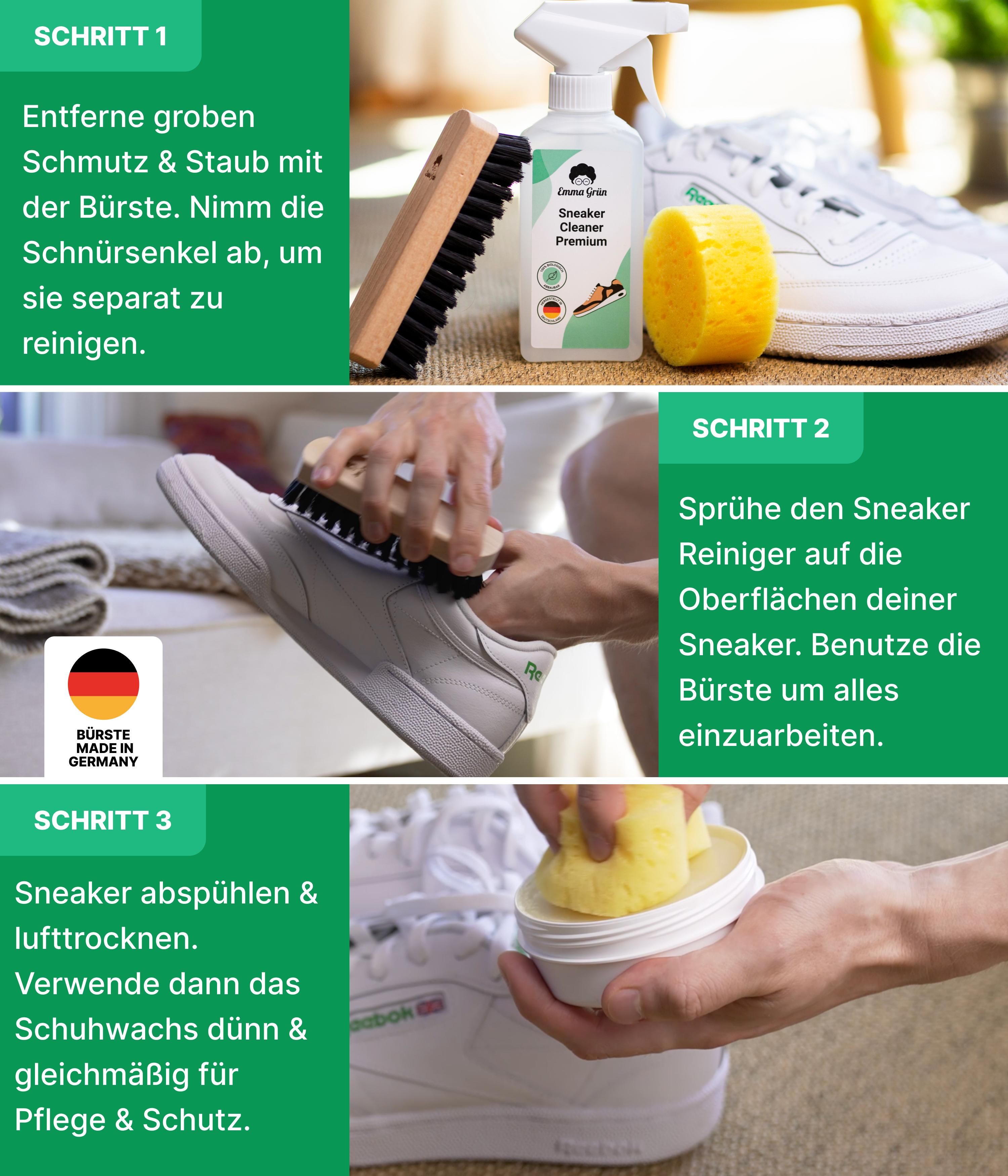 Emma Grün® Sneaker-Reinigungsset mit Putzmittel & Premium Schuhwachs inkl. Schwamm & Schuhbürste
