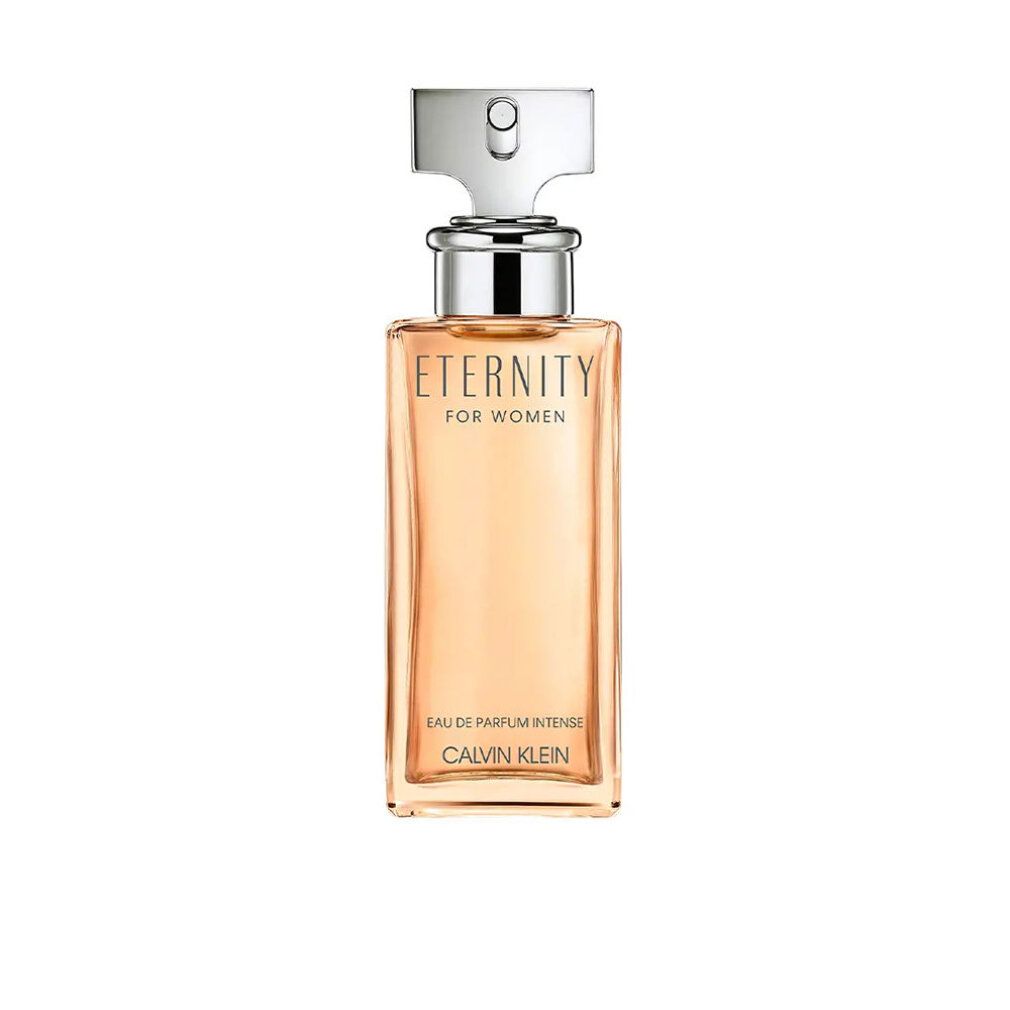 Parfümflasche mit silberfarbenem Verschluss. Aufschrift: Eternity for Women, Eau de Parfum Intense, Calvin Klein.