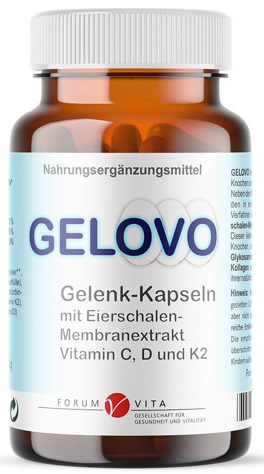 Braune Glasflasche mit weißen Kapseln. Aufschrift: GELOVO Gelenk-Kapseln mit Eierschalen-Membranextrakt, Vitamin C, D und K2.