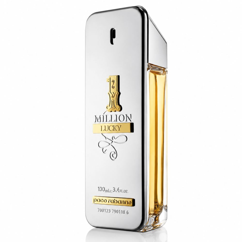 Paco Rabanne 1 Million Lucky Eau de Toilette Flakon, silberfarben mit goldenem Logo und gelbem Inhalt.