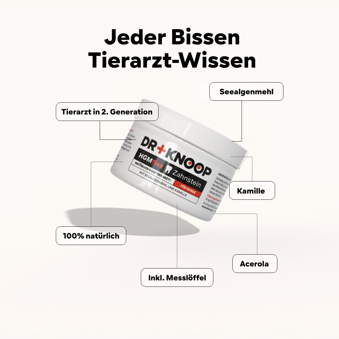 Produkt-Illustration mit Pfeilen. Beschriftung: Seealgenmehl, Kamille, Acerola, inkl. Messlöffel, 100% natürlich.