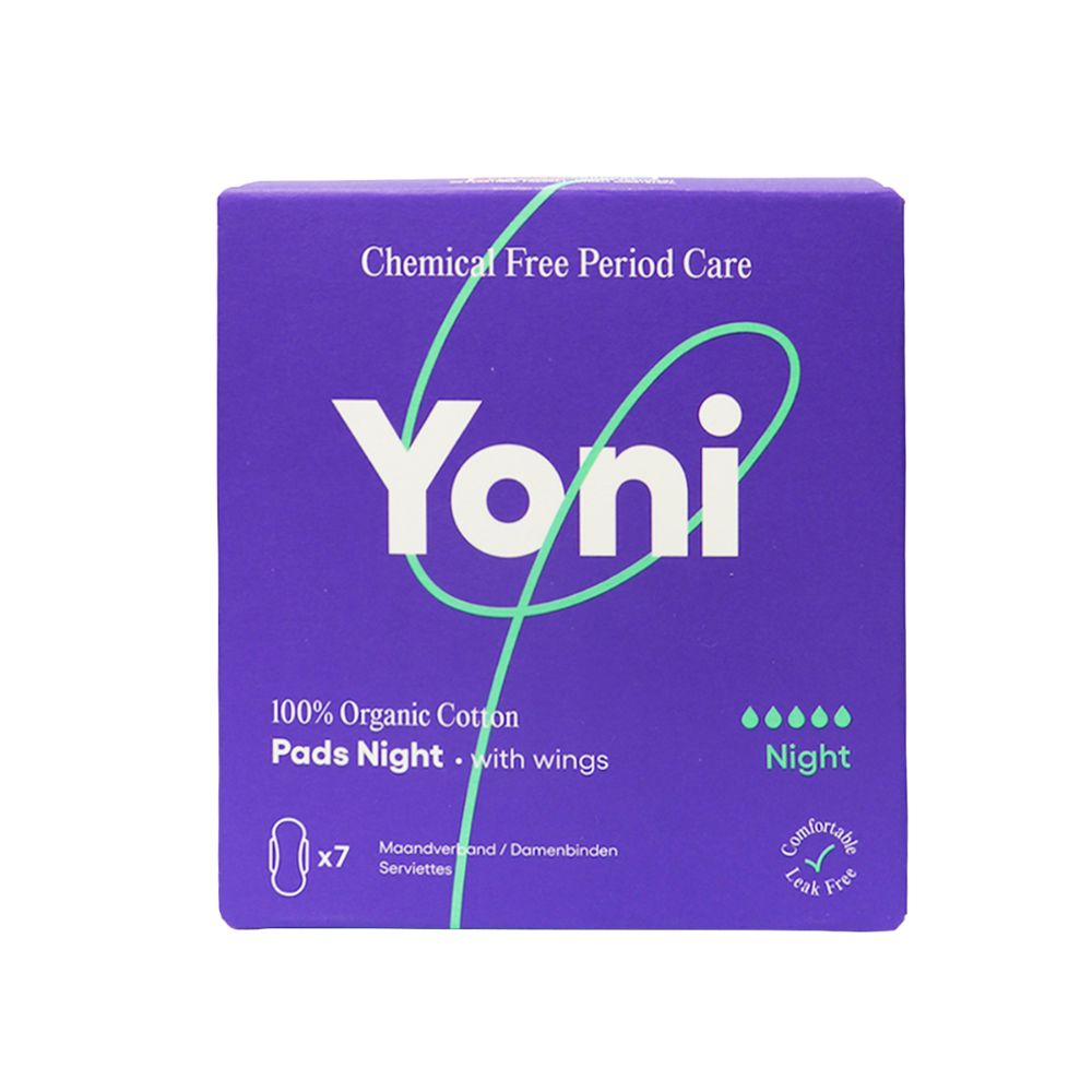 Violette Schachtel mit "Yoni"-Logo, "Night" und "100% Organic Cotton Pads". Text: "Chemical Free Period Care".