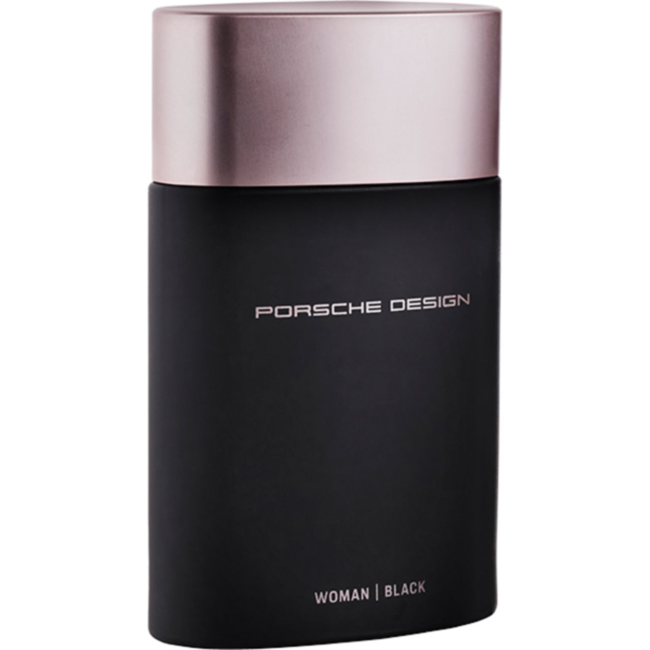 Schwarzer Flakon mit roségoldfarbenem Deckel. Aufschrift: PORSCHE DESIGN, WOMAN | BLACK.