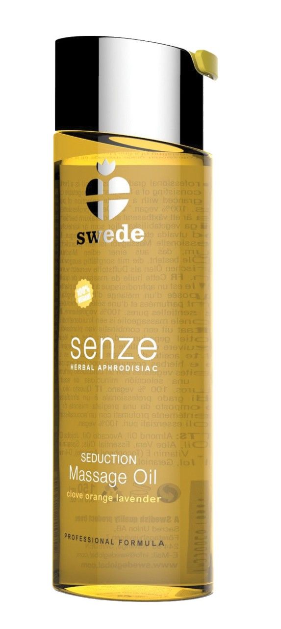 Swede Senze Seduction Massageöl in Glasflasche mit silbernem Verschluss.