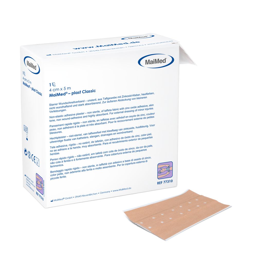 Verpackung von MaiMed-plast Classic Wundschnellverband. Auf der Verpackung steht: 4 cm x 5 m. Daneben liegt ein einzelnes Pflaster.