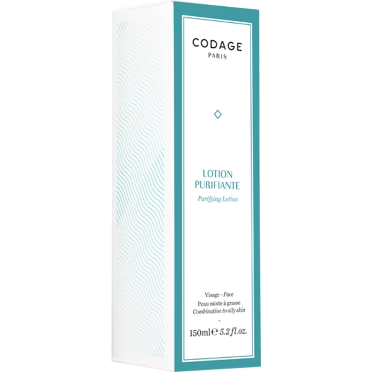 Codage Purifying Lotion Verpackung. Weiße Schachtel mit blauer Schrift. Aufschrift: Lotion Purifiante, 150ml. Für Mischhaut.