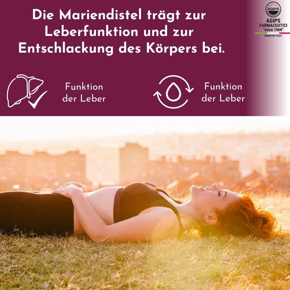 Frau liegt auf Wiese, Blick zum Himmel. Text: Mariendistel trägt zur Leberfunktion und Entschlackung bei. Leber- und Wasser-Symbol.
