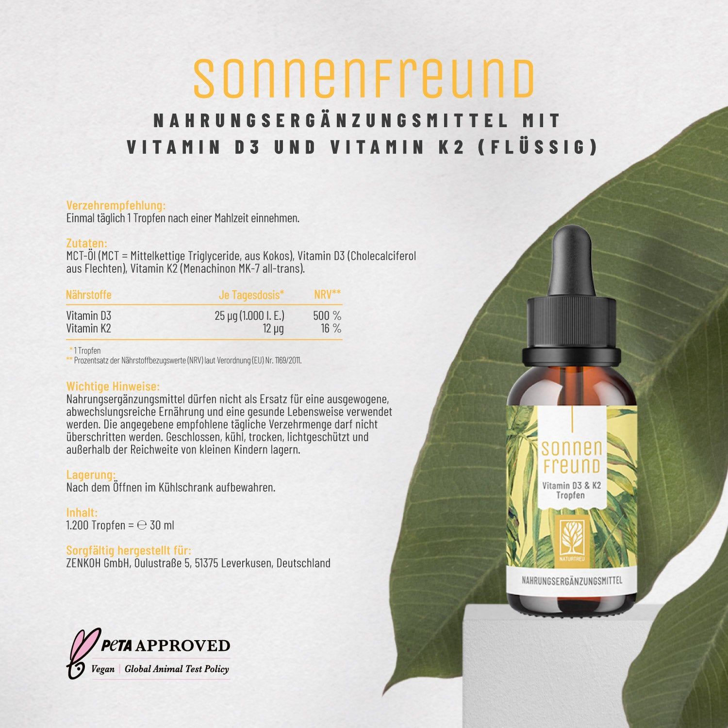 SONNENFREUND-Flasche mit Tropfer. Etikett mit Produktnamen, Vitamin D3 & K2. PETA-Logo. NATURTREU®.