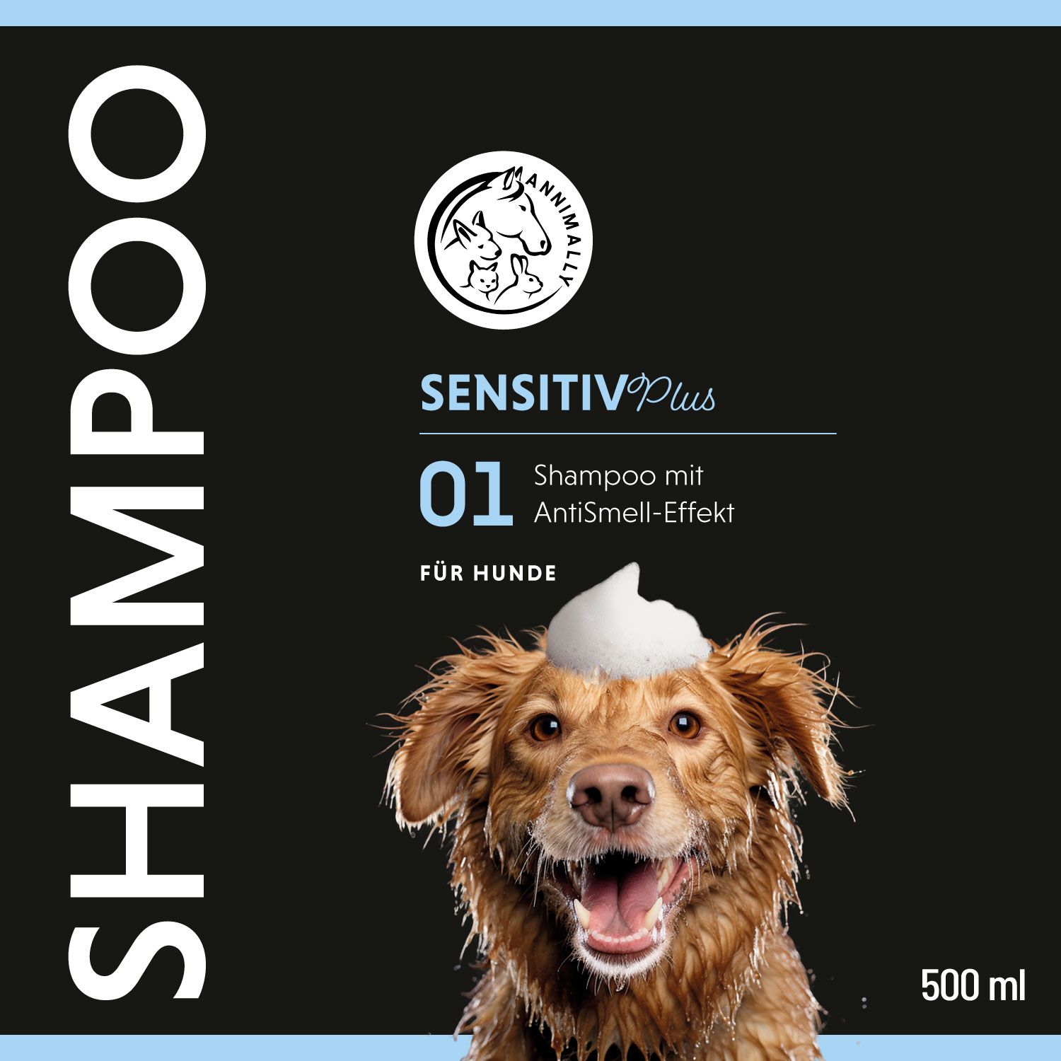 Schwarzer Hintergrund mit weißem Text und Produktlogo. Hund mit Schaum auf dem Kopf. Produktname und Volumenangabe.