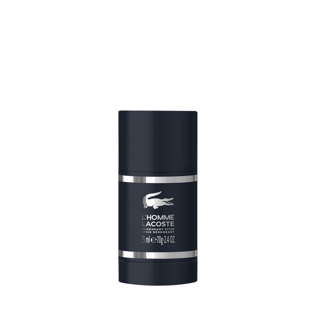 Dunkelblauer Deo-Stick mit silbernen Ringen. Logo und Schriftzug 'L'HOMME LACOSTE'. Volumen: 75ml.