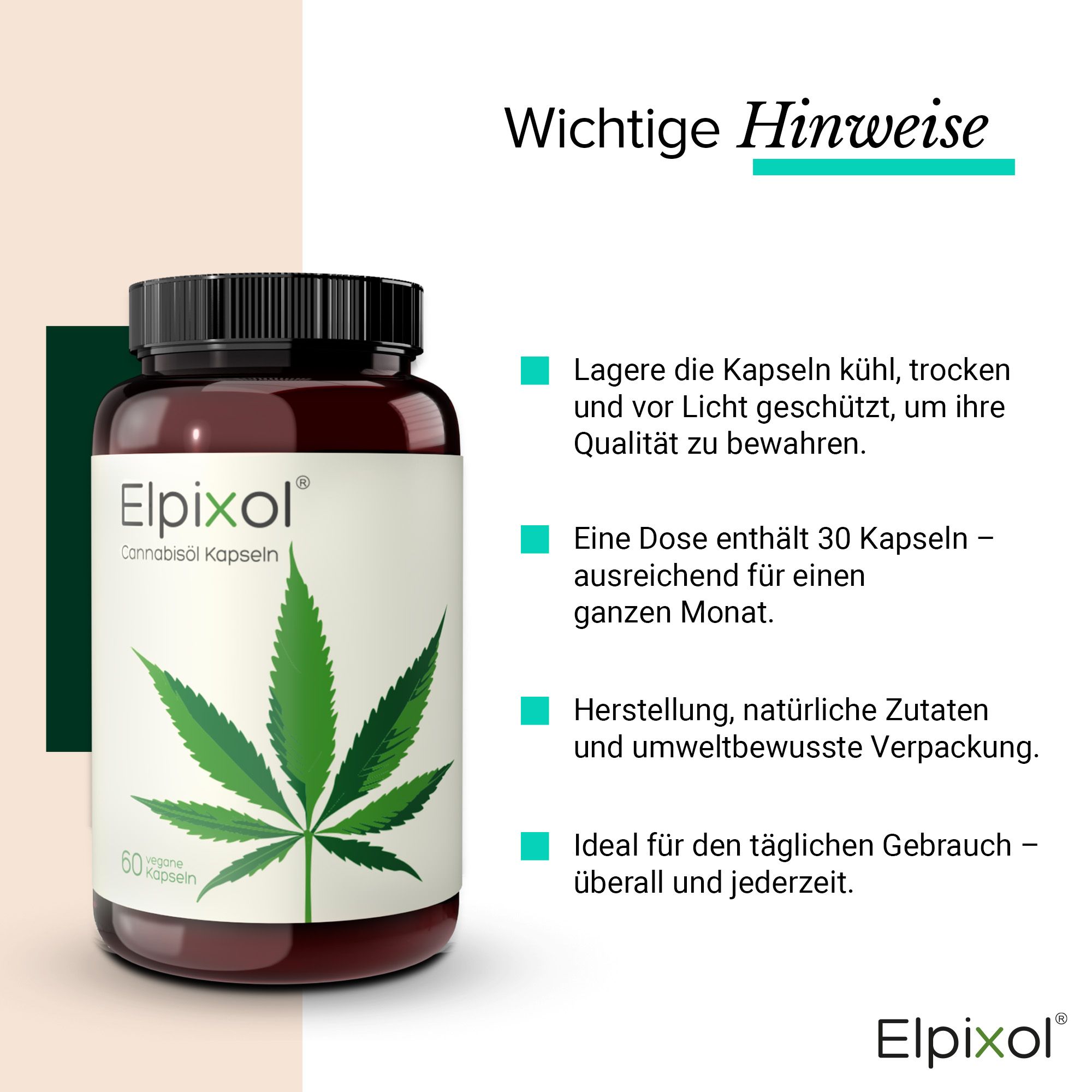 Braune Flasche mit Etikett Elpixol Cannabisöl Kapseln. Text über wichtige Hinweise. 30 Kapseln pro Dose. Für täglichen Gebrauch.