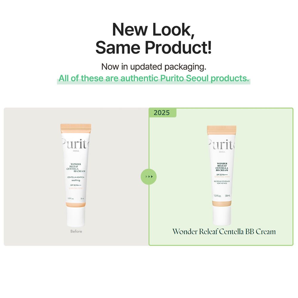 Purito Wonder Releaf Centella BB Cream, Farbton 13 Neutral Ivory, SPF 30 PA+++, auf beigem Hintergrund.