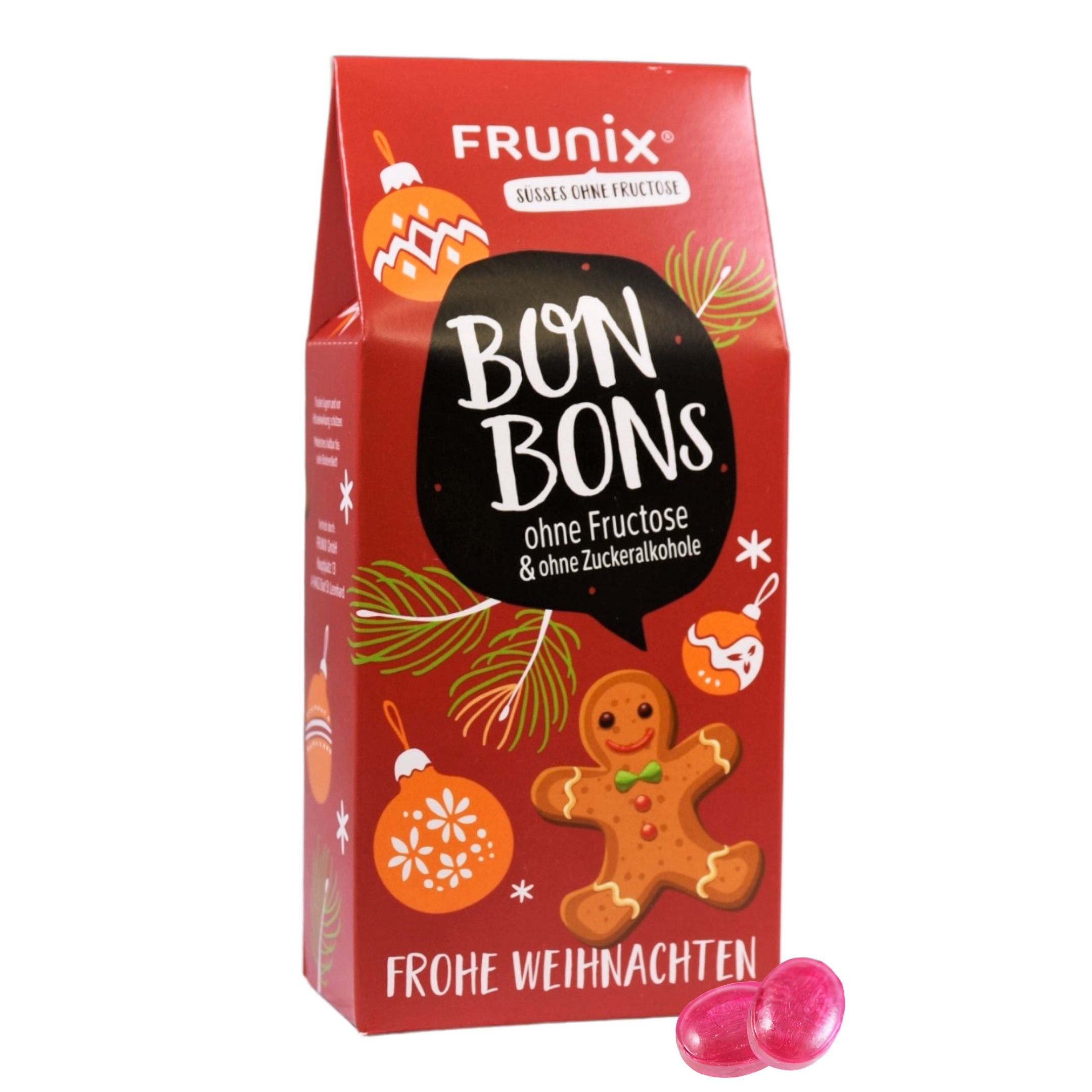 Rote Bonbon-Verpackung mit grünen Bonbons. Text: "BON BONS", "Frohe Weihnachten". Lebkuchen-Illustration und Weihnachtsdekoration.