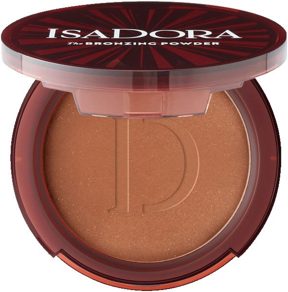 Geöffnete, runde IsaDora Bronzing Powder-Dose. Braunes Puder mit geprägtem 'D'. Deckel mit IsaDora-Schriftzug und The Bronzing Powder.