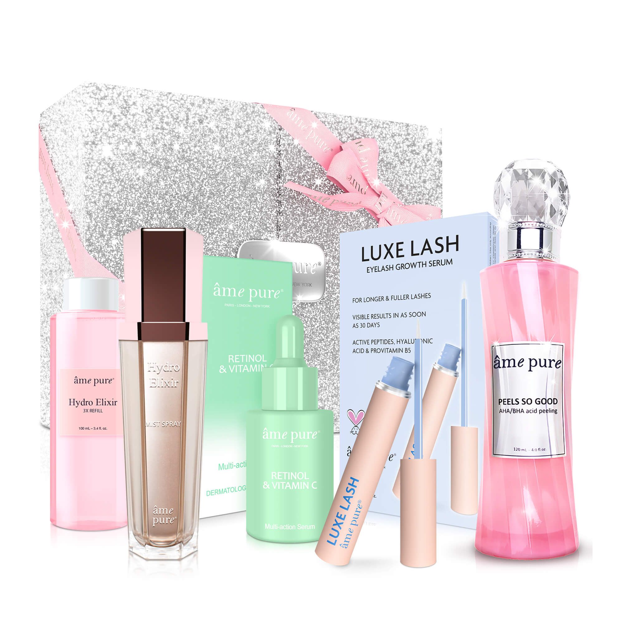 Cadeauset met meerdere producten. Bevat flessen, serums en een wimperserum. De producten zijn verpakt in een glittertas.
