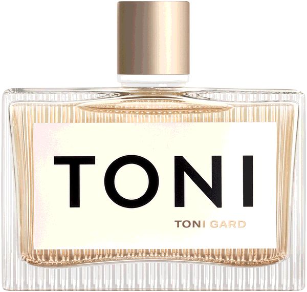 Rechteckiger Glasflakon mit goldfarbenem Verschluss. Auf dem Etikett steht TONI TONI GARD.