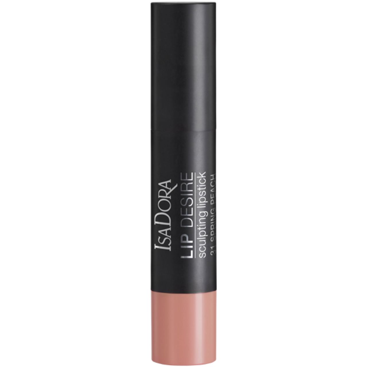 Geschlossener Lippenstift IsaDora Lip Desire. Schwarzer Stift, rosafarbener Boden. Text: Lip Desire, 21 Spring Peach.