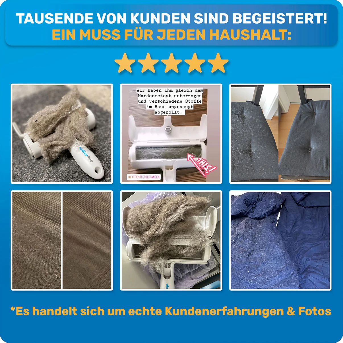 Mehrere Fotos zeigen die Anwendung des Tierhaarentferners auf verschiedenen Oberflächen. Text: Ein Muss für jeden Haushalt.