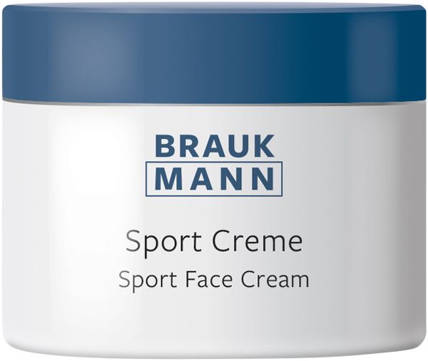 Weißer Tiegel mit blauem Deckel. Aufschrift: BRAUKMANN, Sport Creme, Sport Face Cream.