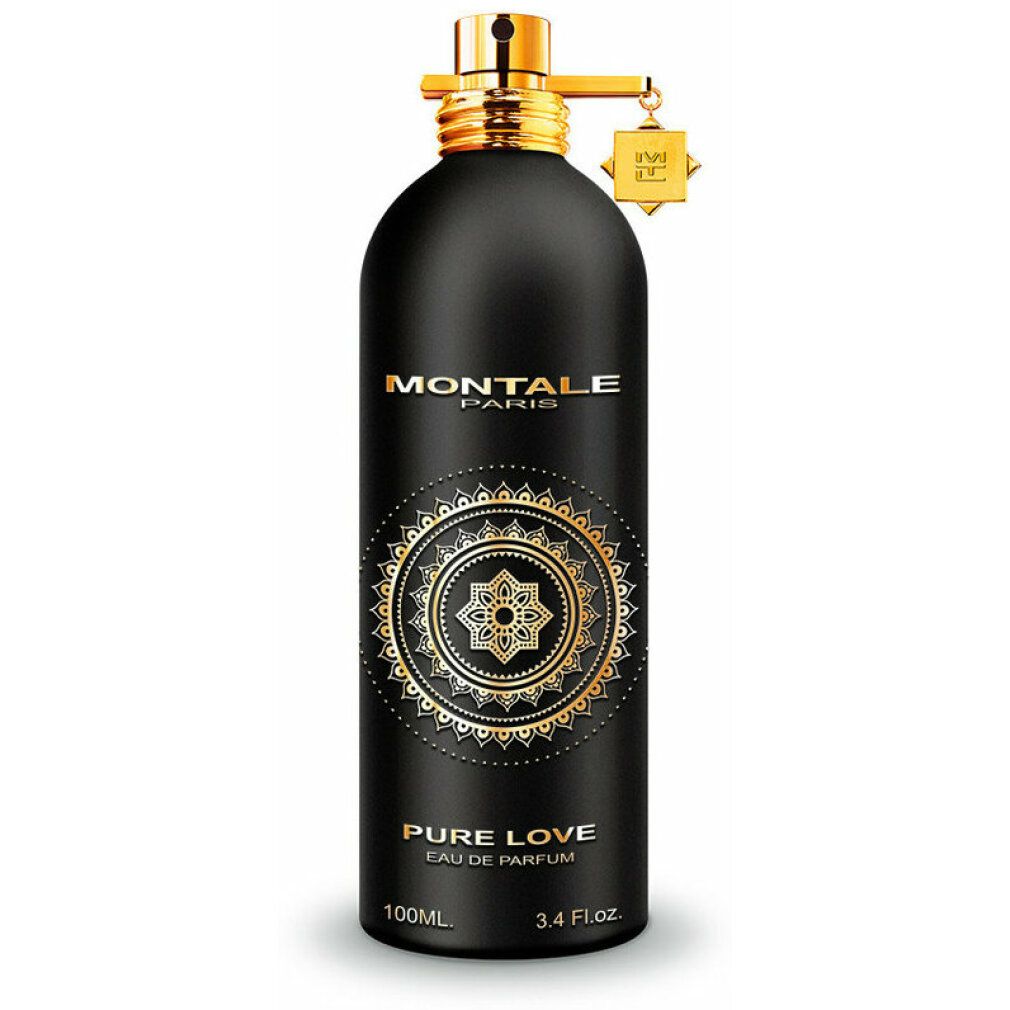 Schwarze Flasche mit goldenen Details. Aufschrift: MONTALE PARIS, PURE LOVE, Eau de Parfum. Goldener Zerstäuber.