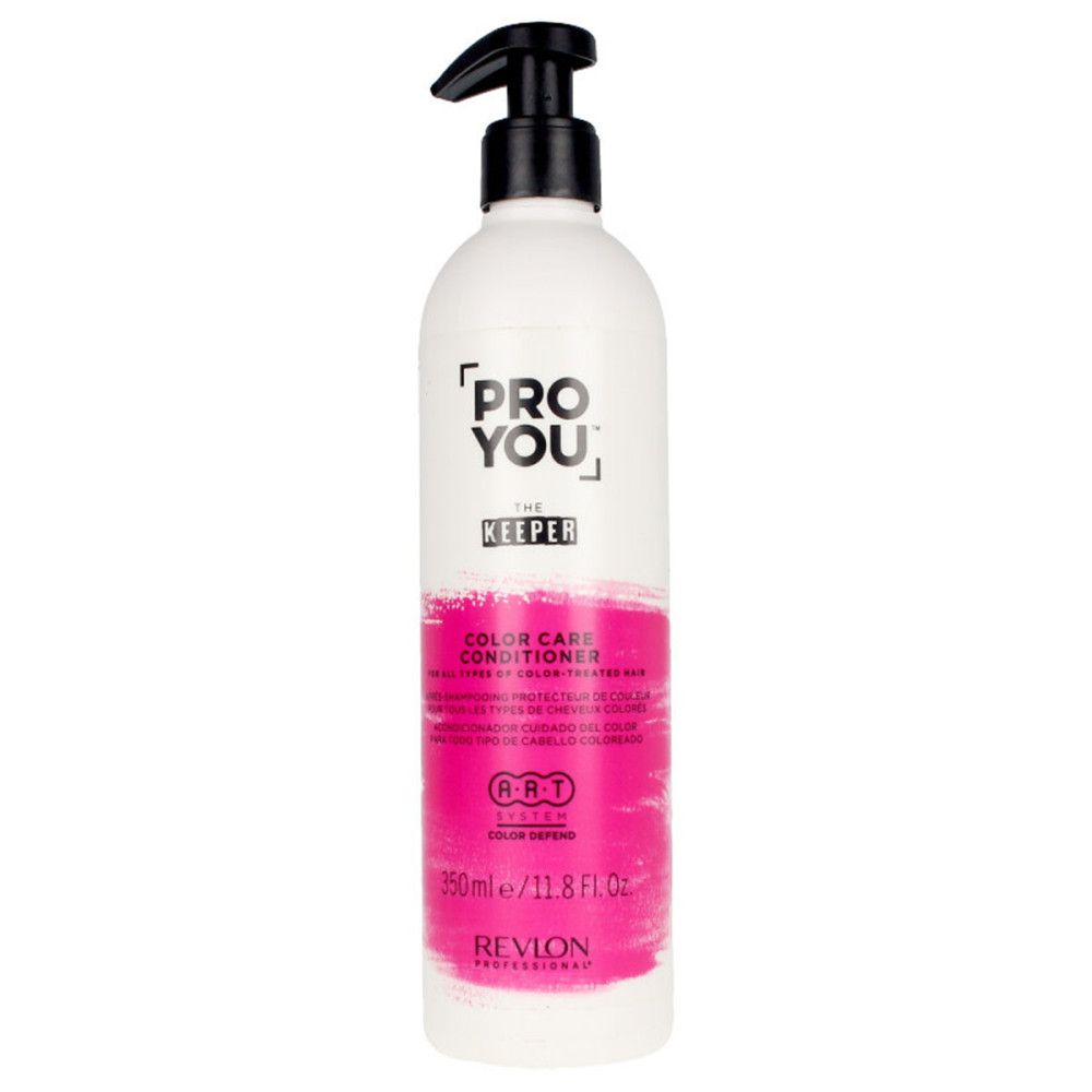 Weiße Flasche mit schwarzem Pumpkopf. Aufschrift: PRO YOU THE KEEPER COLOR CARE CONDITIONER. Rosa Farbfläche. Revlon Professional.