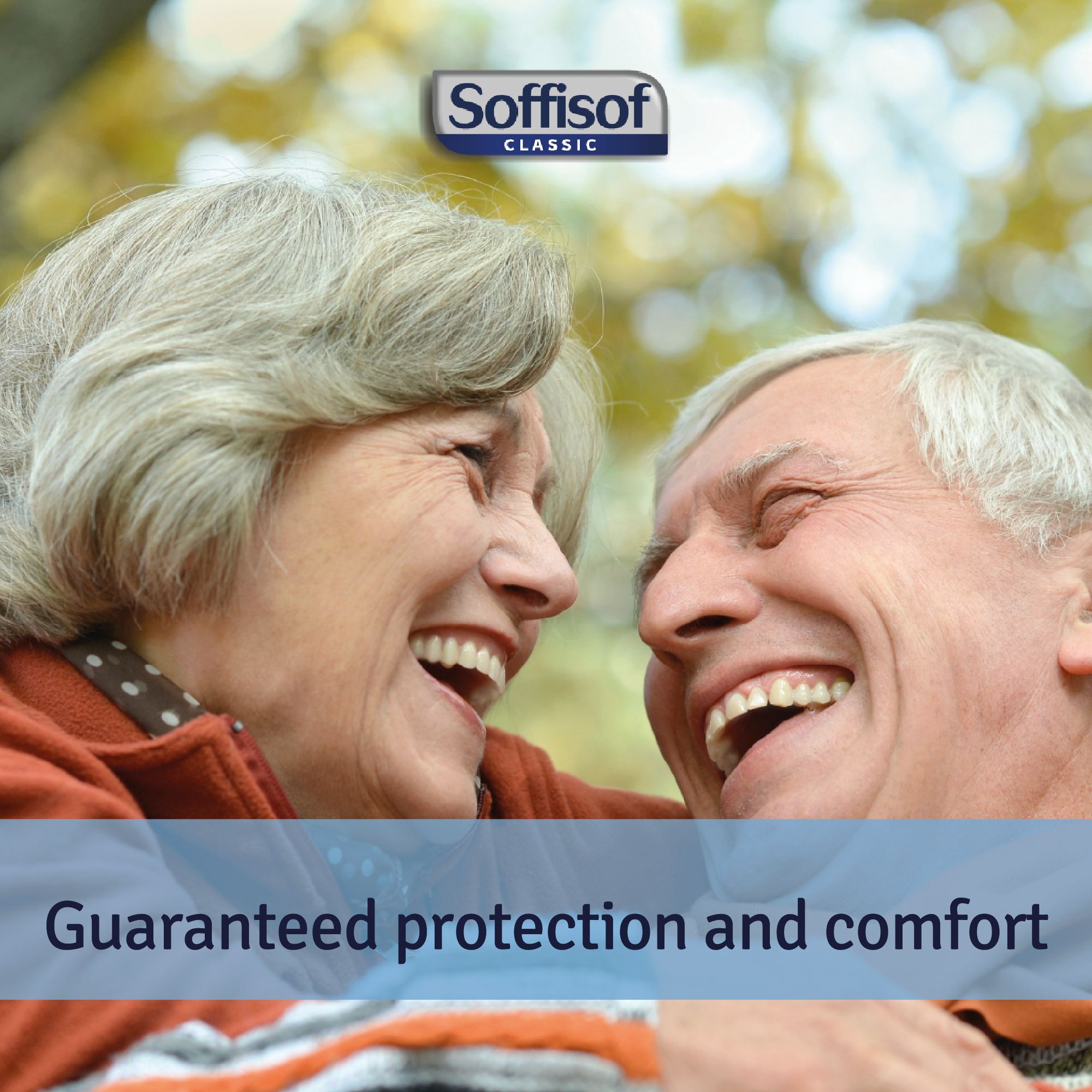 Ouder echtpaar lacht. Soffisof Classic logo. Tekst: Gegarandeerde bescherming en comfort.
