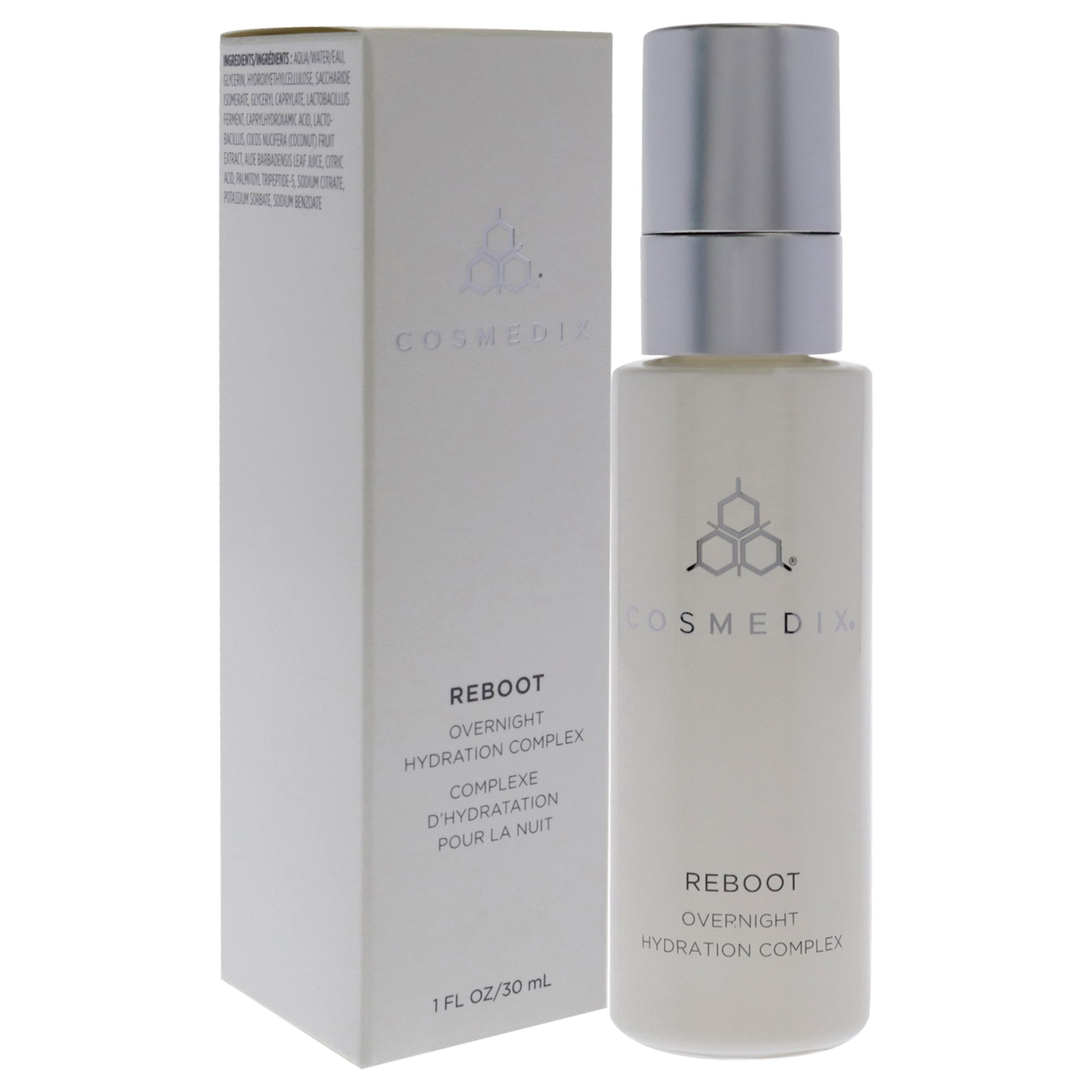 Weiße Verpackung und Flasche. Aufschrift: Cosmedix, Reboot Overnight Hydration Complex. 1 FL OZ/30 mL.