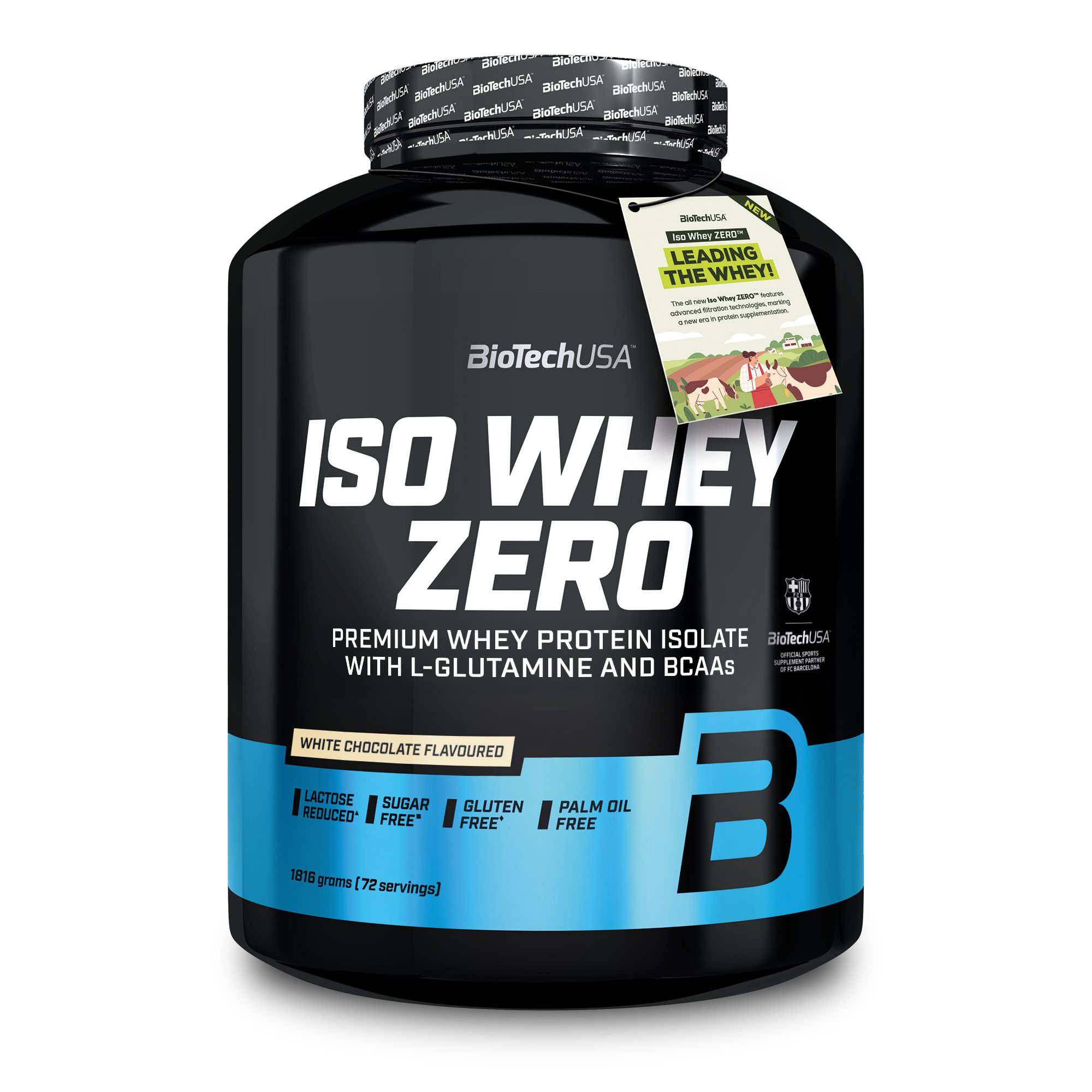 Schwarze Dose mit weißer Aufschrift 'ISO WHEY ZERO' und 'BioTechUSA'. Weiße Schokolade-Aroma. Enthält L-Glutamin und BCAAs. Zuckerfrei, glutenfrei, palmölfrei.