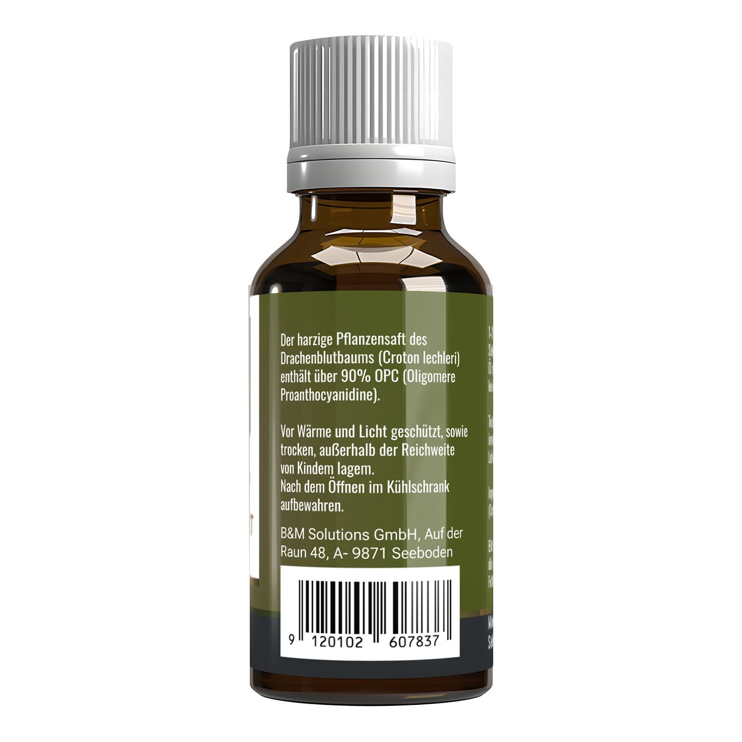 Braune Glasflasche mit weißem Deckel. Etikett mit Produktinformationen. Text über Inhaltsstoffe und Hersteller.