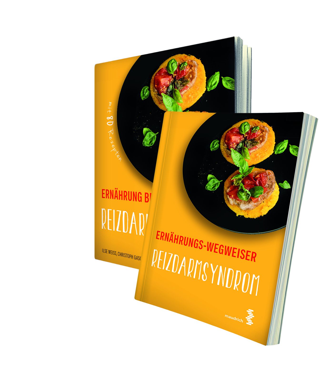 Zwei Bücher mit gelben Einbänden. Titel: Ernährungs-Wegweiser Reizdarmsyndrom. Auf den Buchcovern sind Speisen abgebildet.