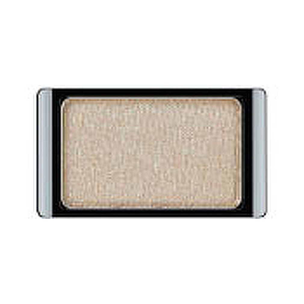 Rechteckiger Lidschatten. Beige-goldener Farbton. Schwarzer Rahmen mit silberner Oberseite.