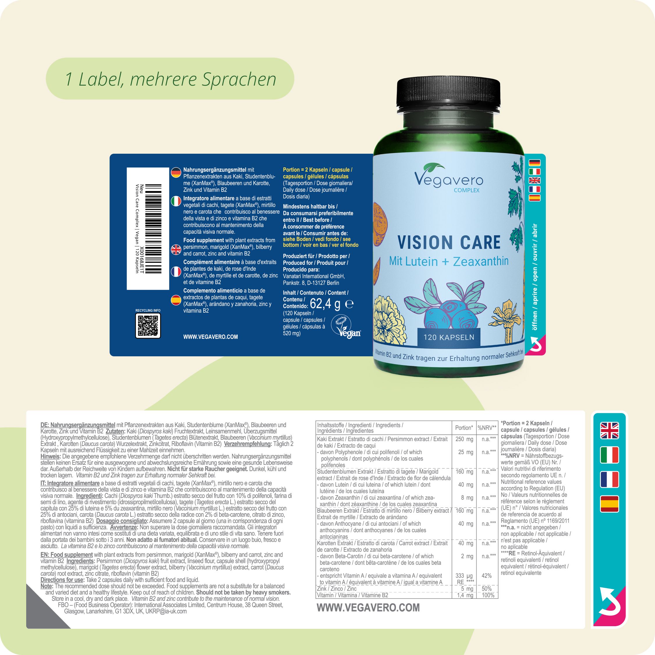 Veggavero Vision Care Kapseldose mit Etikett und Beipackzettel. Enthält Lutein + Zeaxanthin.
