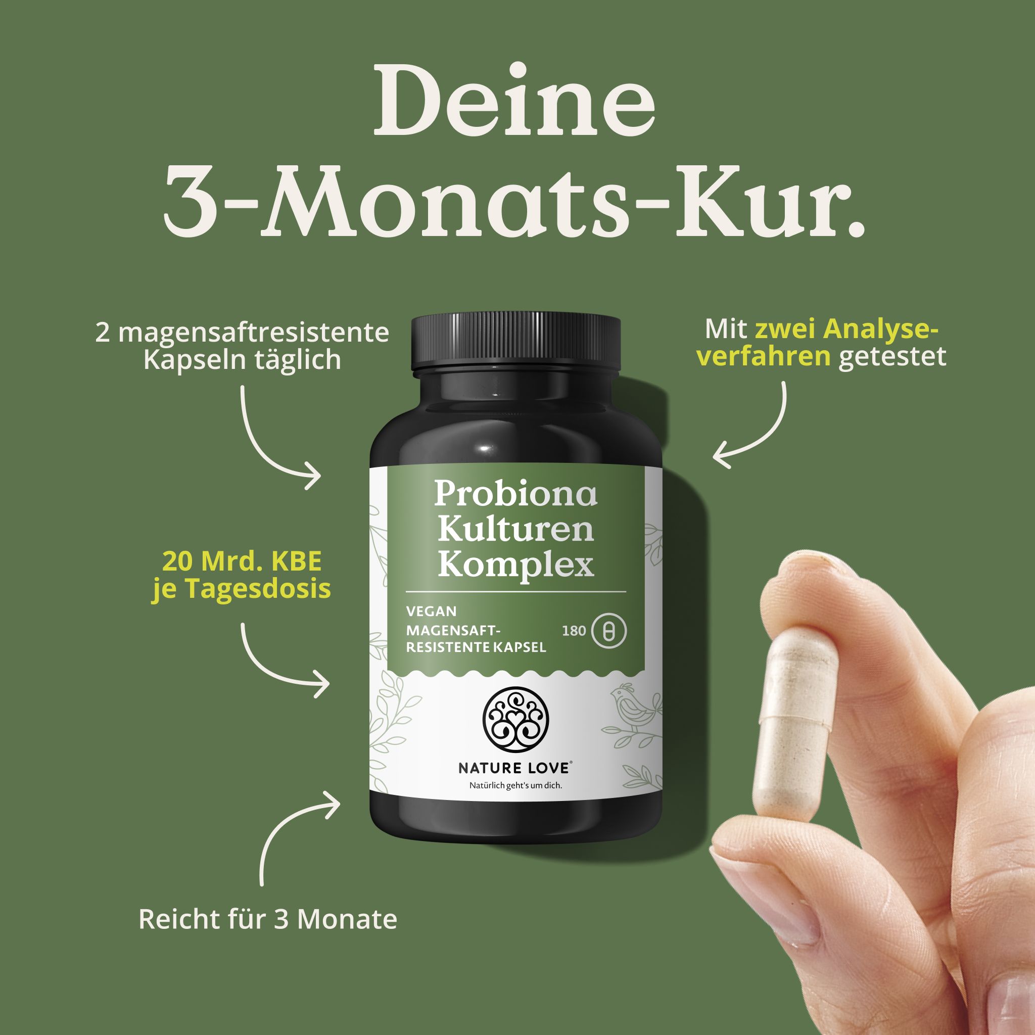 NATURE LOVE Probiona Kulturen Komplex Flasche mit 180 magensaftresistenten Kapseln.