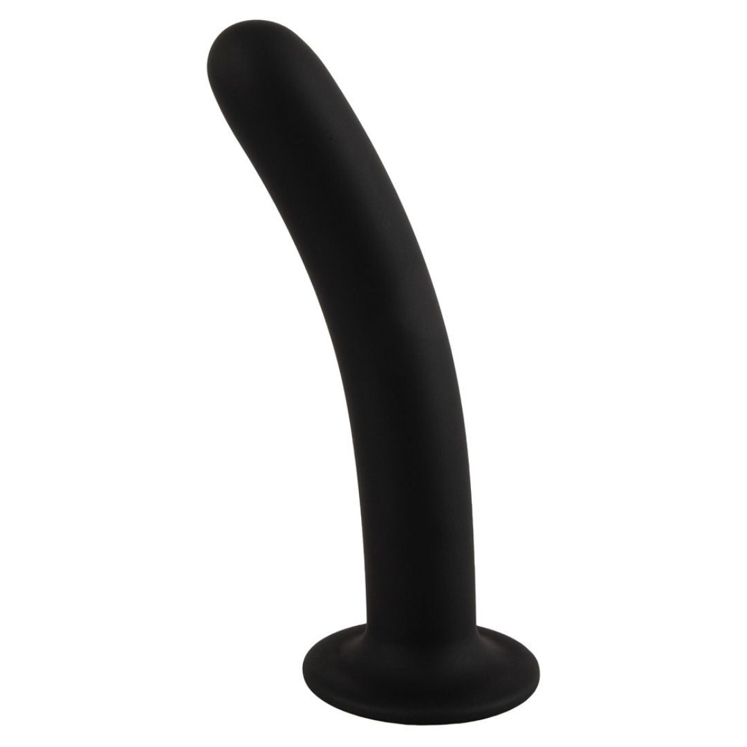 Schwarzer, gebogener Dildo mit rundem Sockel. Das Produkt ist aus Silikon gefertigt.