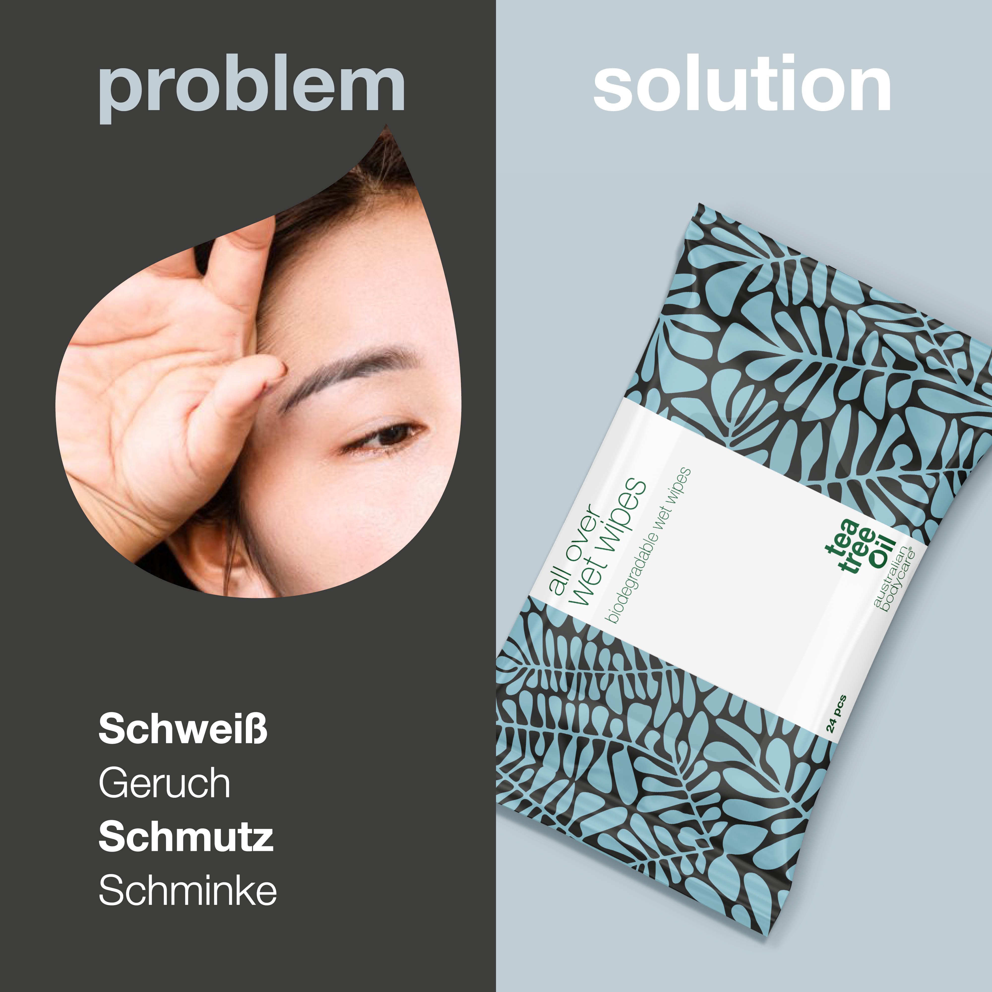 Gesicht einer Frau und Packung Feuchttücher. Text: "Problem" und "Solution". Aufschrift: "all over wet wipes".