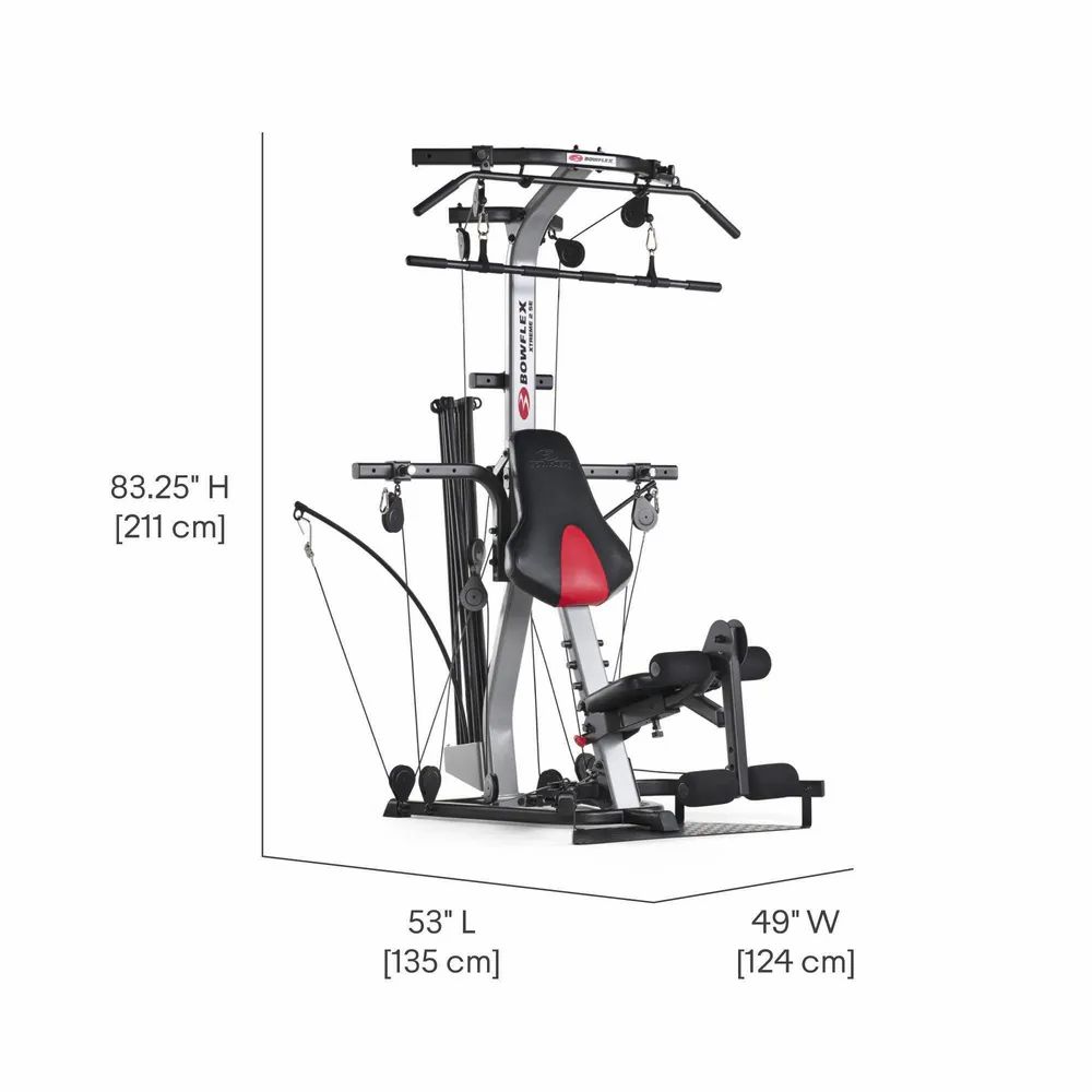 Fitnessgerät mit Maßen: 83,25" H (211 cm), 53" L (135 cm), 49" B (124 cm). Graue und schwarze Elemente.