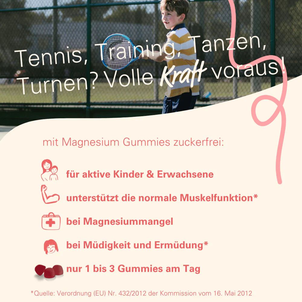Werbung mit Kind beim Tennis. Text: Magnesium Gummies zuckerfrei. Für aktive Kinder & Erwachsene. Rote Gummies.