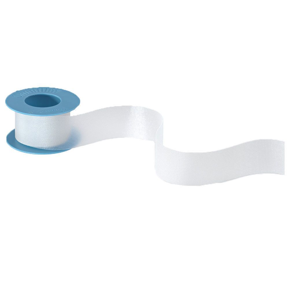 Rolle weißes Klebeband auf blauem Spulenkern. Band abgerollt. Produktmerkmal: Omnifilm.