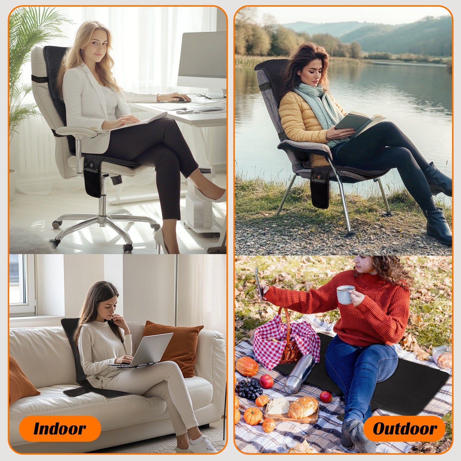 Anwendungsbeispiele: Indoor und Outdoor. Frauen sitzen auf Stühlen, Sofa und Picknickdecke mit dem Produkt.